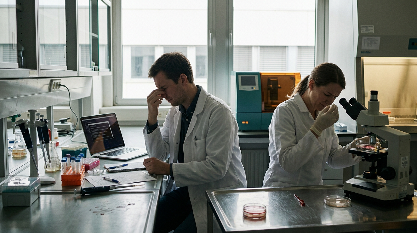 Cientistas em laboratório com equipamentos de biologia e tubos de ensaio