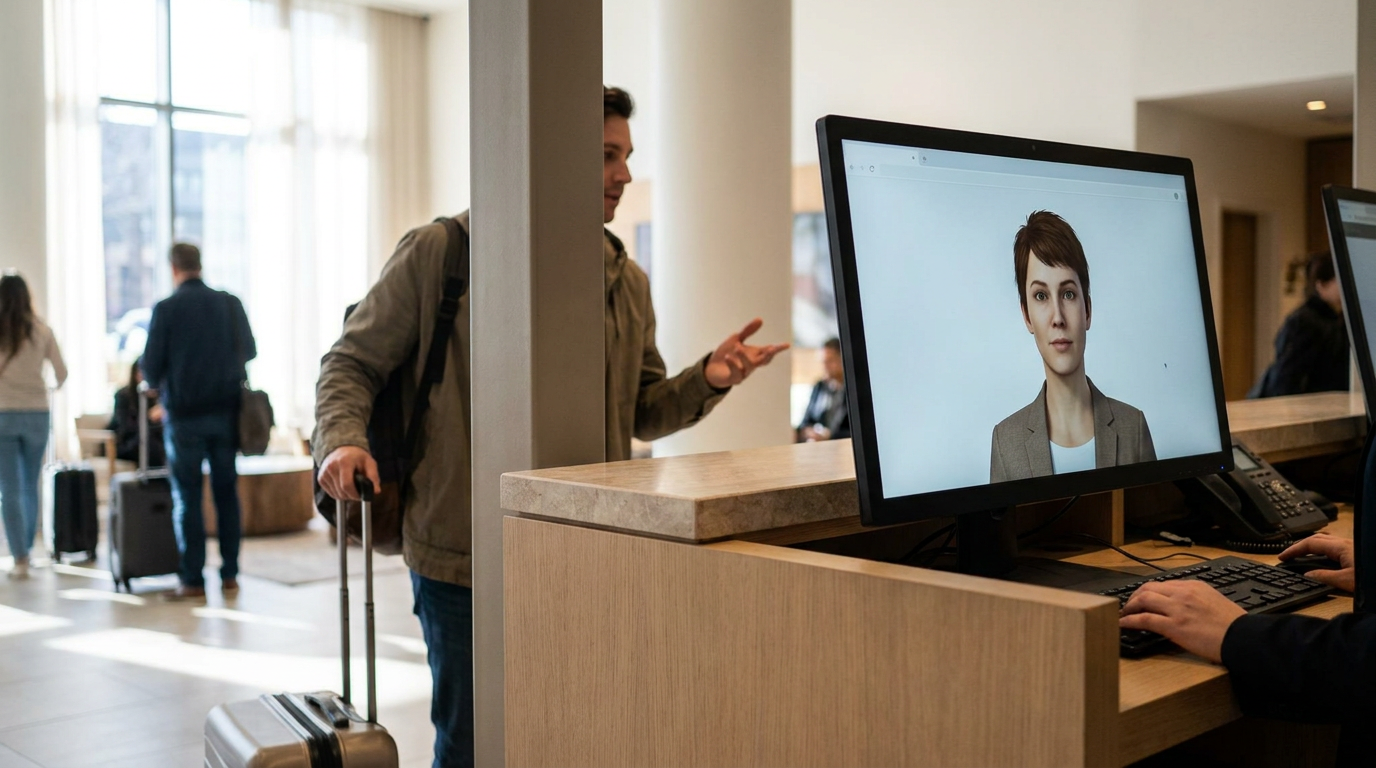 Recepção de hotel com monitor mostrando avatar ao vivo que faz o check-in do hóspede