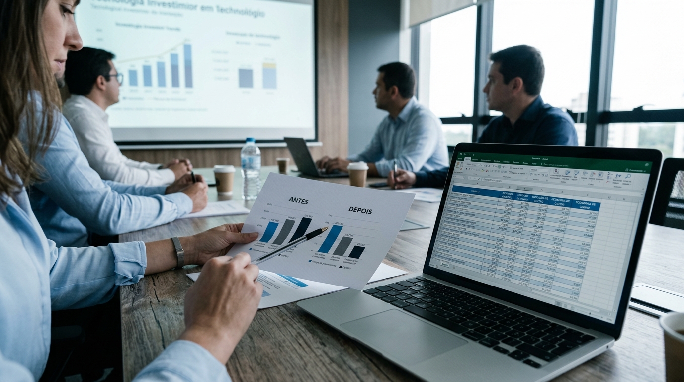 Sala de reunião corporativa com mesa de madeira, laptop aberto exibindo planilhas de resultados e gráficos de investimento em tecnologia afixados na parede ao fundo, sob luz natural