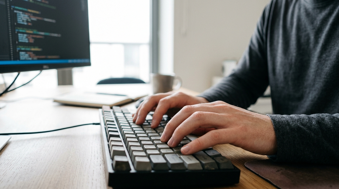Mãos de programador sobre teclado mecânico em mesa de trabalho com iluminação natural, operando projeto de software livre.