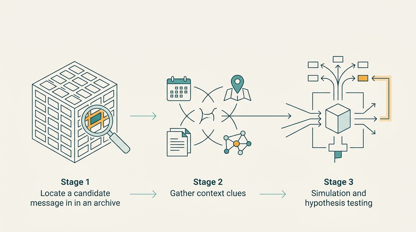 Diagrama em três etapas do processo: buscar mensagem não decifrada, reunir pistas e simular a máquina Enigma