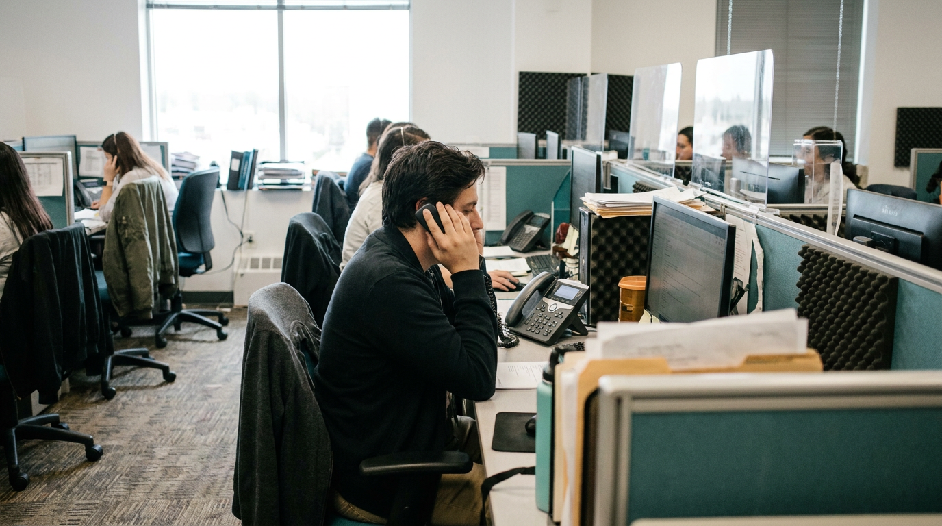 Atendente falando ao telefone em ambiente ruidoso de call center