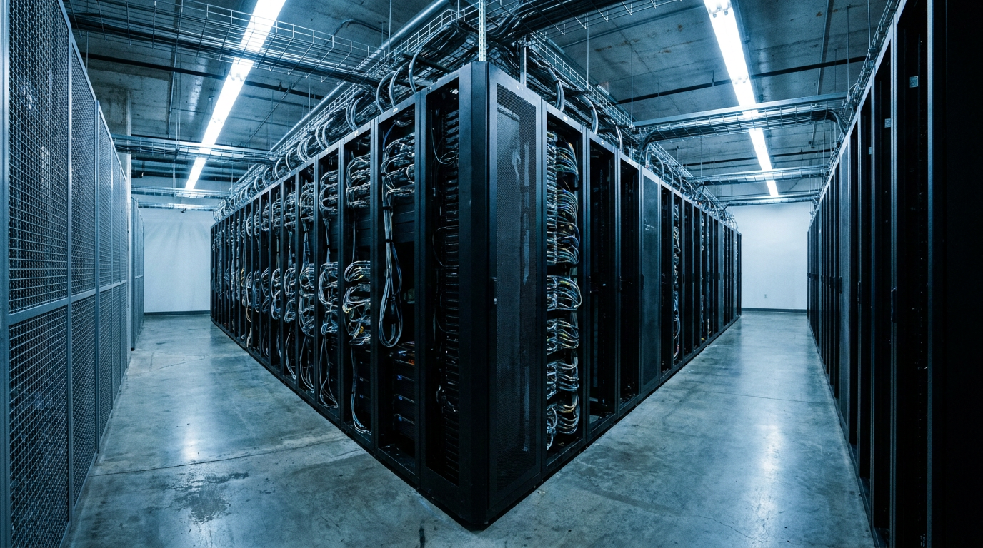 Corredor com fileiras de servidores ligados dentro de um data center de grande porte