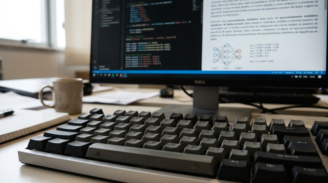 Teclado mecânico em primeiro plano com foco seletivo sobre mesa de trabalho, diante de monitores desfocados exibindo gráficos abstratos e fluxos de dados em tons suaves.