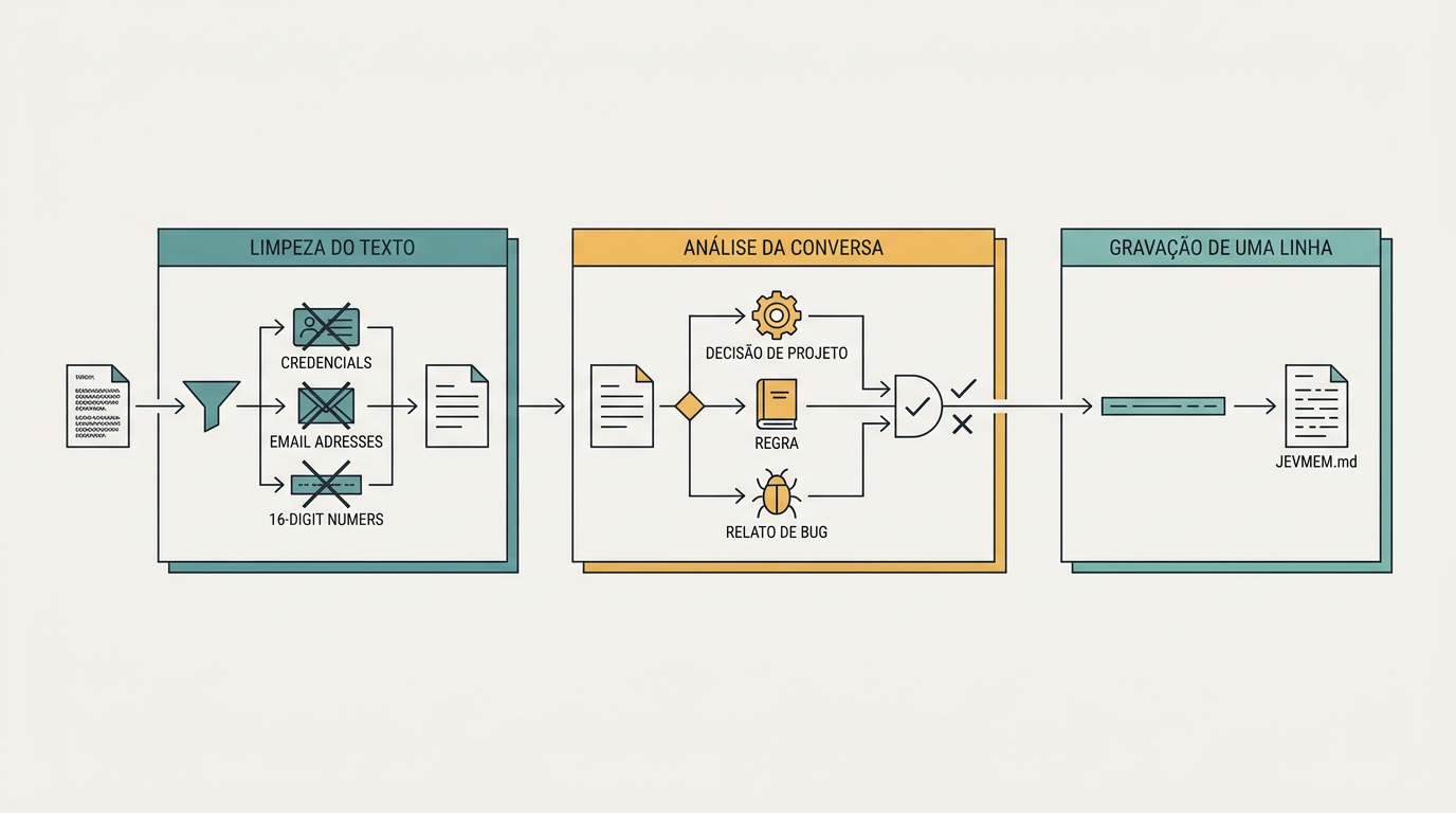 Diagrama com três etapas do fluxo de memória automática: limpeza, análise e gravação da anotação