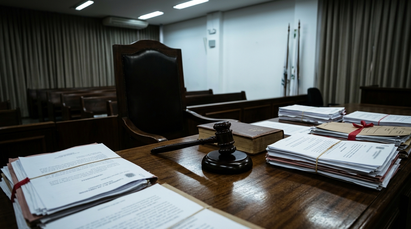 Martelo de juiz sobre mesa de tribunal ao lado de documentos, representando processos civis e criminais