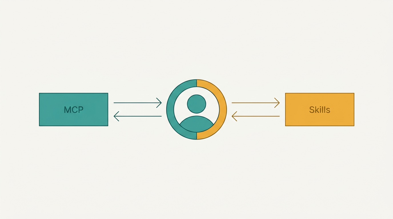 Diagrama mostrando MCP e Skills conectados a um agente de IA como peças complementares