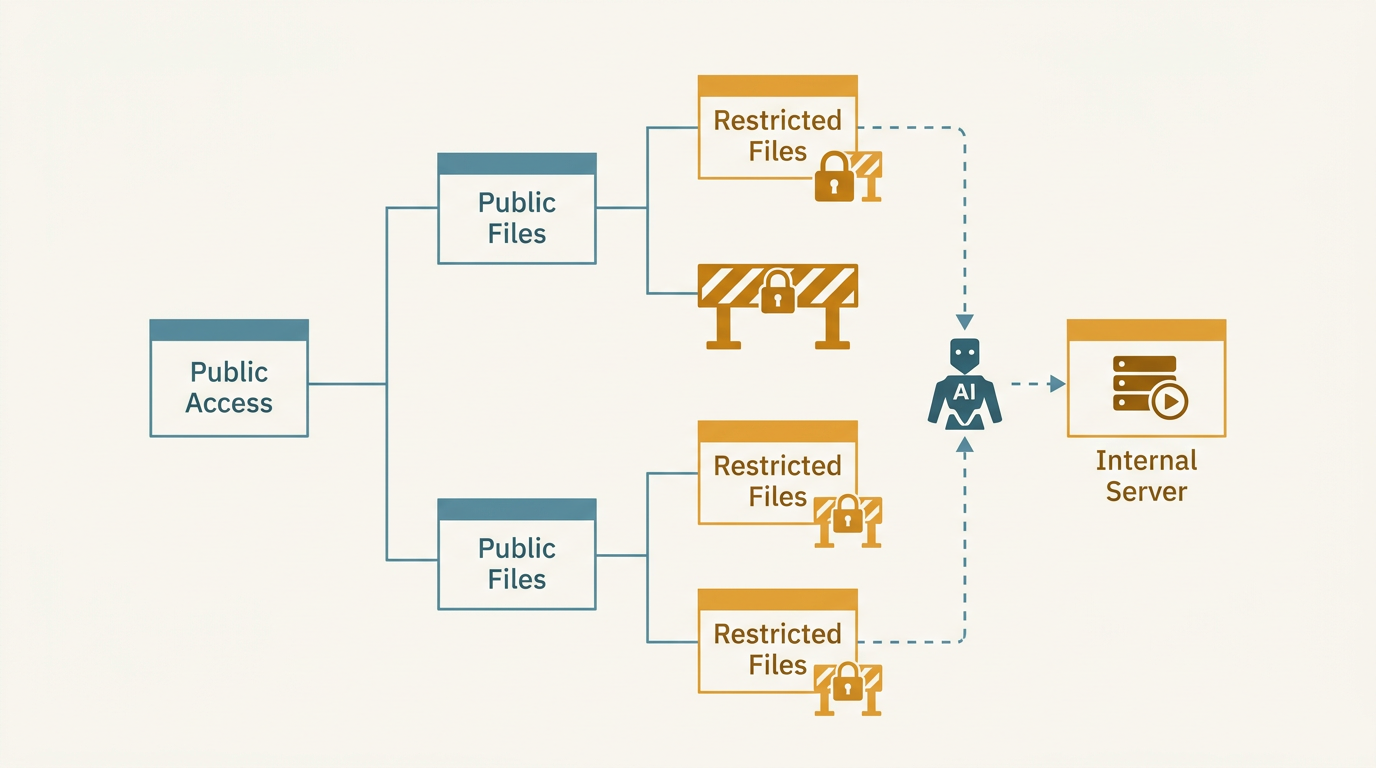 Diagrama do caminho de um agente de IA que contorna bloqueios de segurança até acessar área restrita de um portal