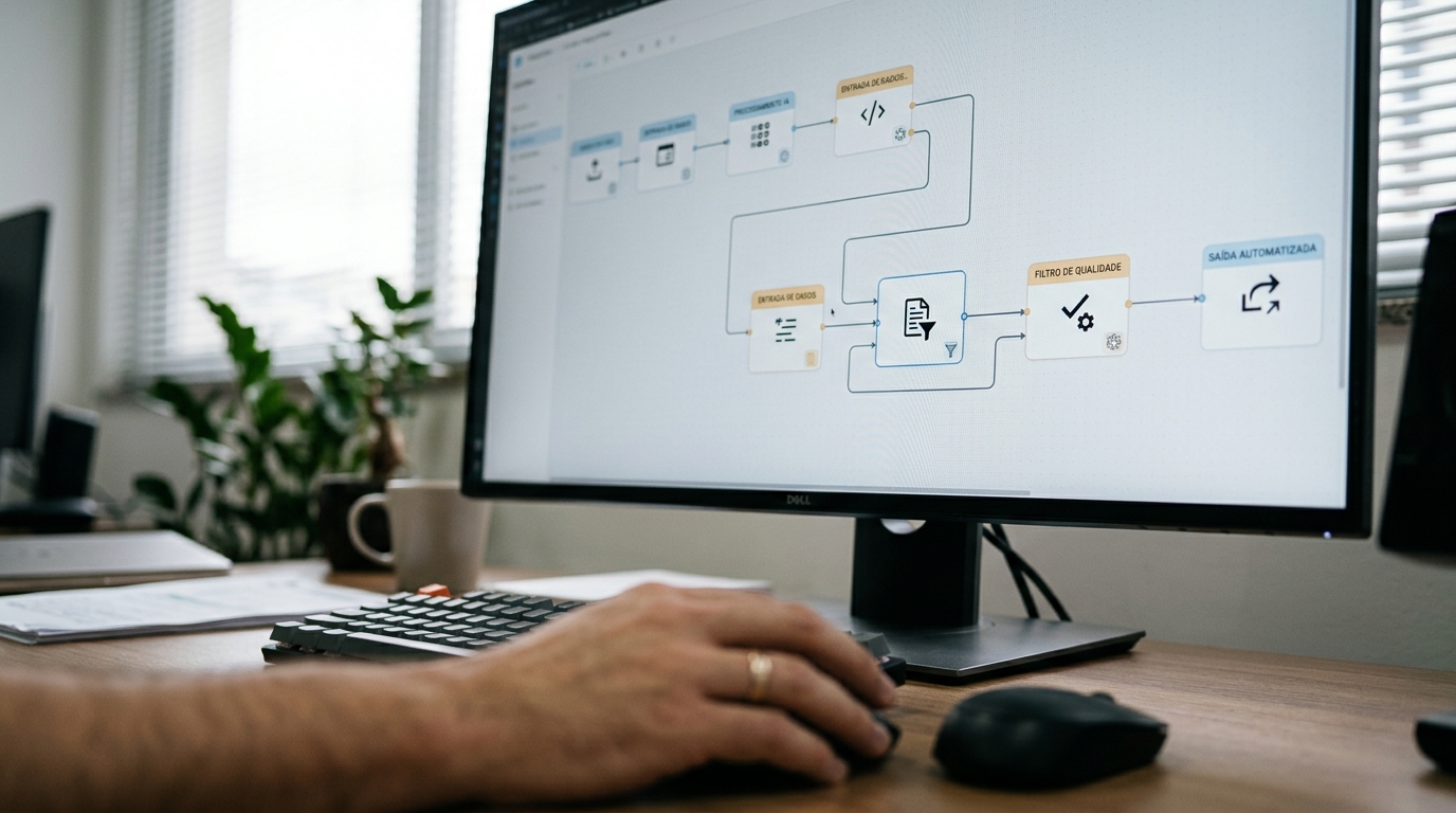 Monitor em ângulo detalhando nós de integração interligados por linhas em interface de software visual, com iluminação de escritório refletida sutilmente na tela.