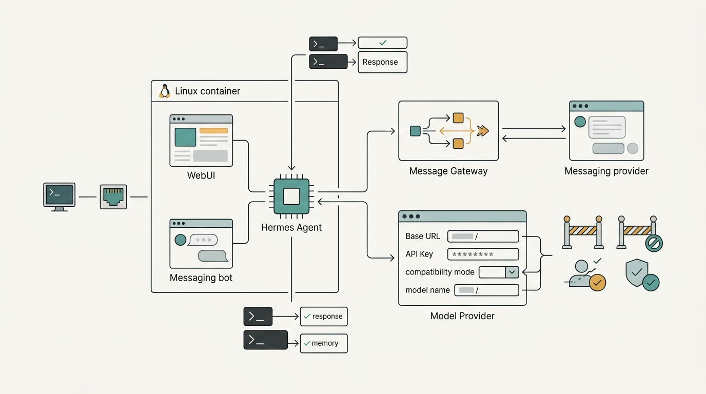 Diagrama esquemático em fundo claro mostrando o fluxo de configuração de um agente autoalojado: um contêiner acessado por terminal remoto, um assistente de configuração em linha de comando, um provedor de modelo com campos de endereço, chav