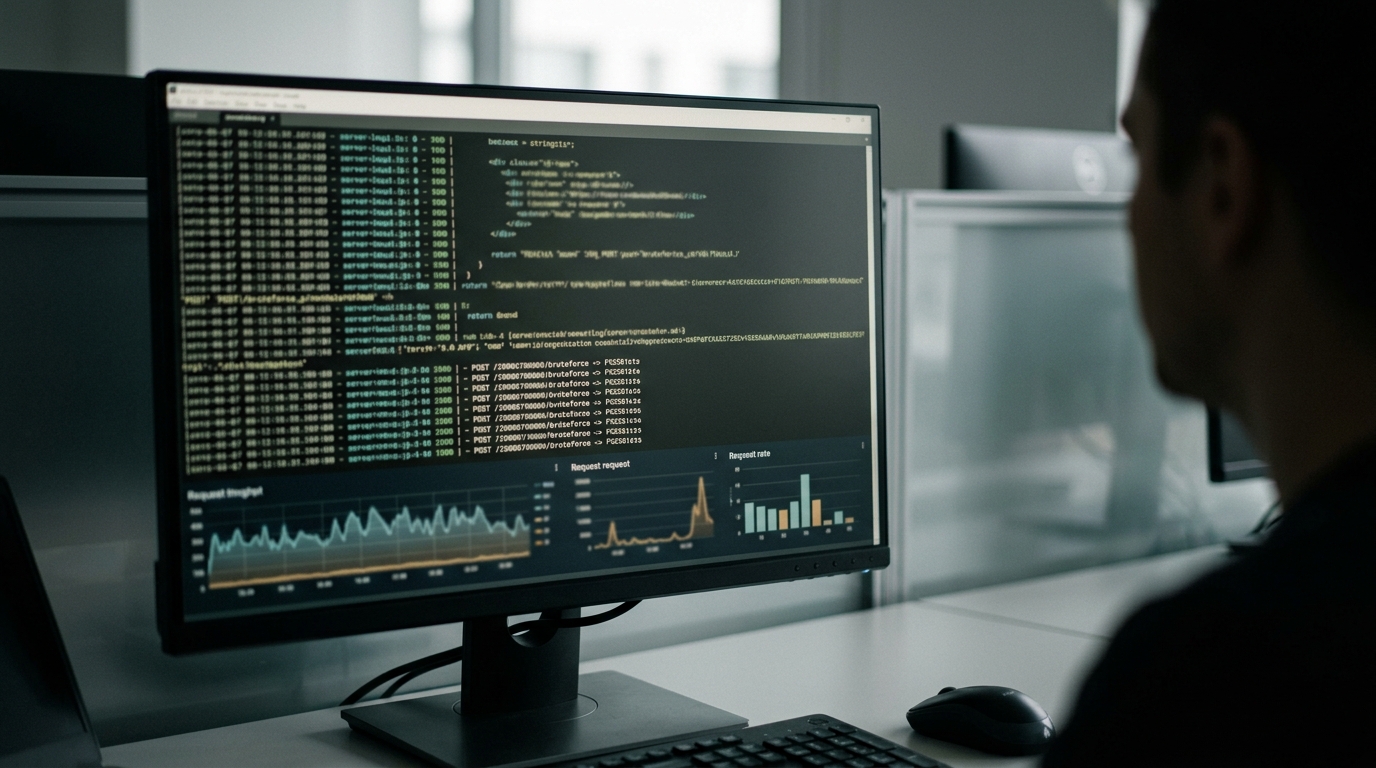 Tela de computador em ambiente de escritório iluminado exibindo registros de conexões de rede e diagramas de fluxo de dados desfocados em primeiro plano.