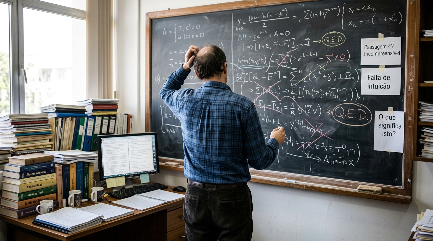 Pessoa vista de costas em escritório acadêmico, diante de lousa coberta por fórmulas matemáticas ilegíveis, com luz natural entrando pela janela e mesa de trabalho ao lado