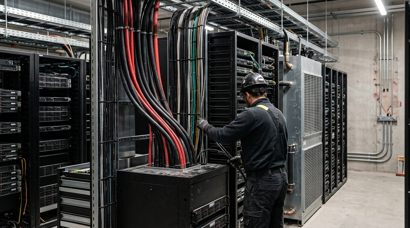 Fileira de racks de servidores de alta densidade com cabeamento estruturado e tubulações industriais de refrigeração líquida em piso técnico iluminado