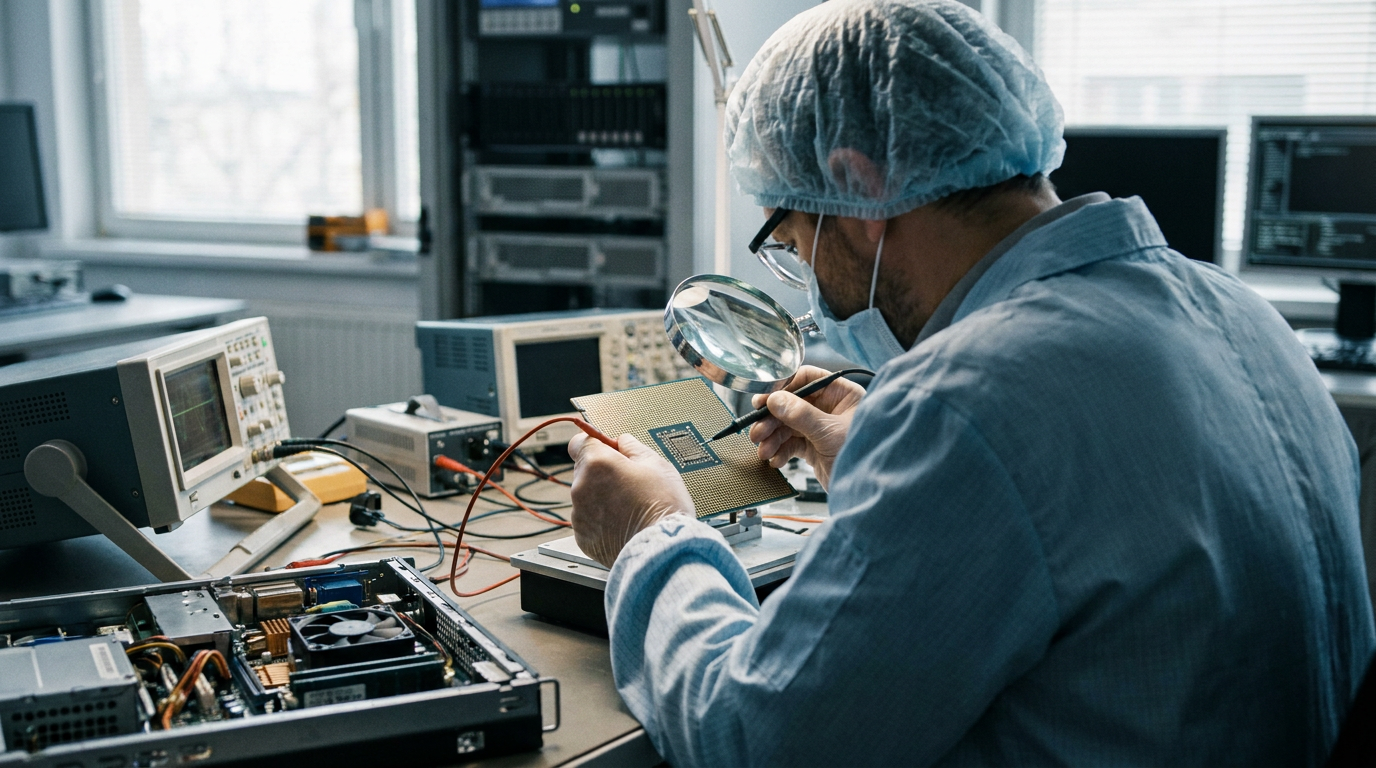 Mãos com luvas examinando um chip de computador sobre bancada de laboratório