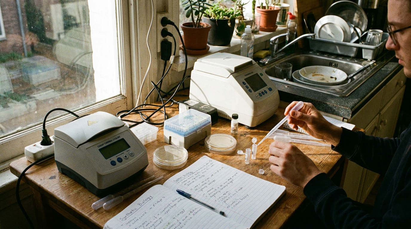 Bancada doméstica com pipetas, tubos de ensaio e equipamentos simples de biologia caseira