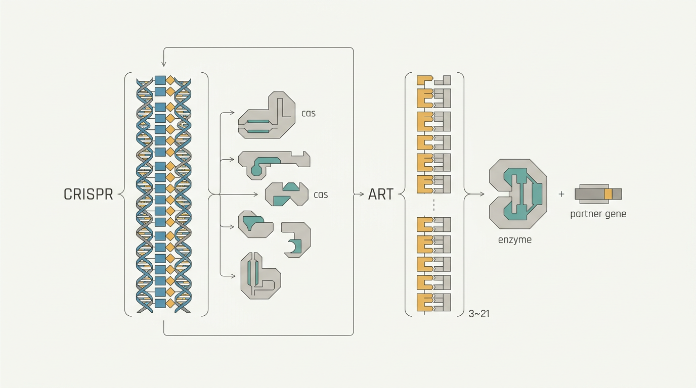 Diagrama compara o arranjo de repetições do CRISPR com as três partes do sistema ART