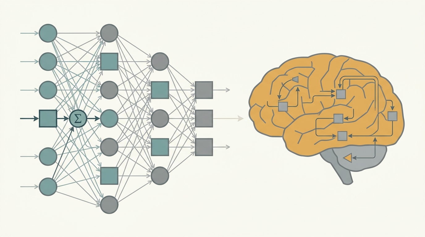 Diagrama comparando rede neural artificial e cérebro humano com fluxos distintos de processamento
