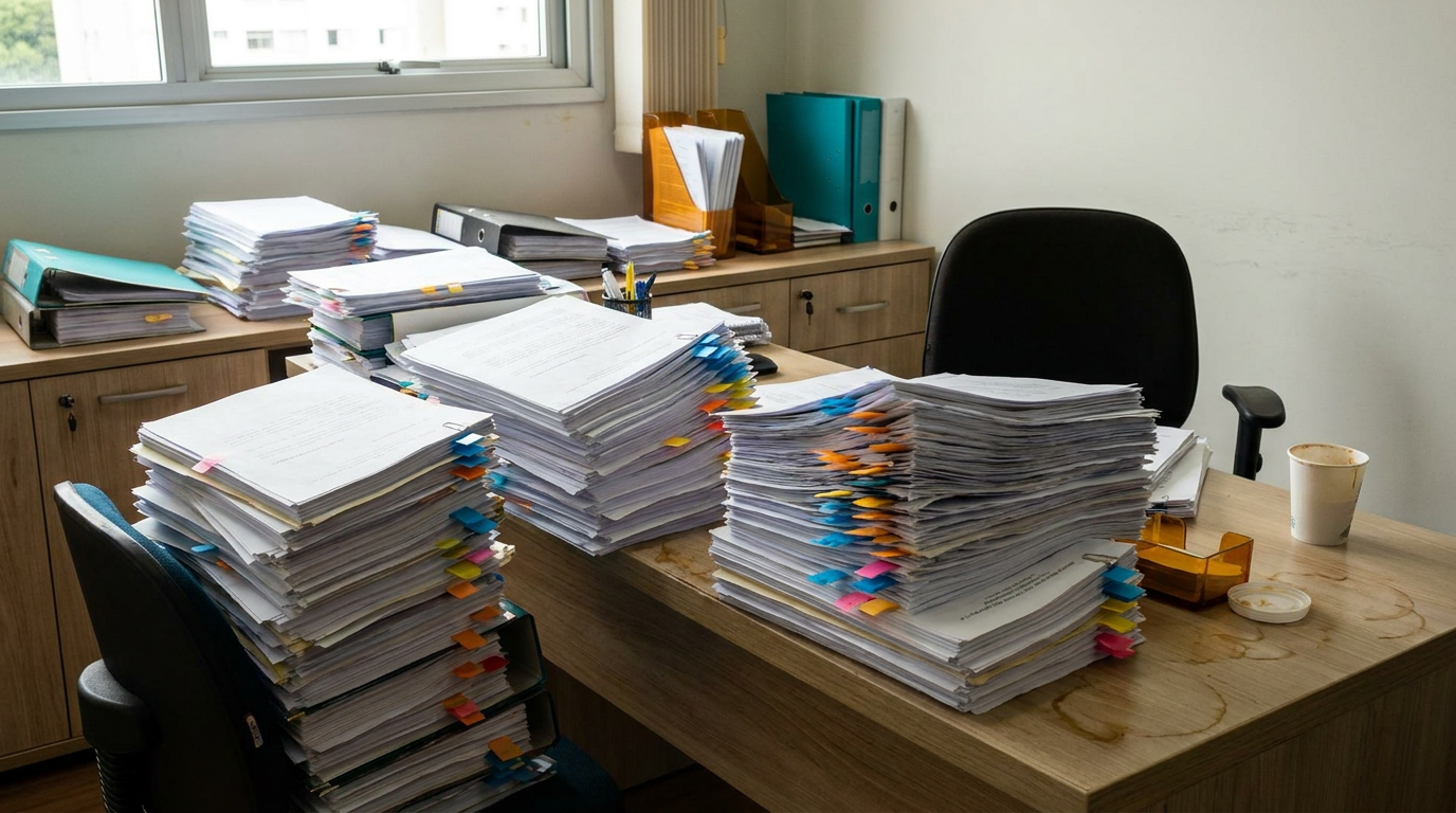 Pilha de petições impressas sobre mesa de escritório jurídico com marcadores coloridos ao lado
