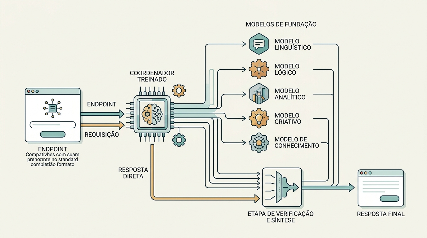 Diagrama esquemático com um único ponto de entrada à esquerda conectado a um coordenador central que distribui requisições para vários modelos de fundação à direita, com etapas de verificação e síntese antes da resposta final.