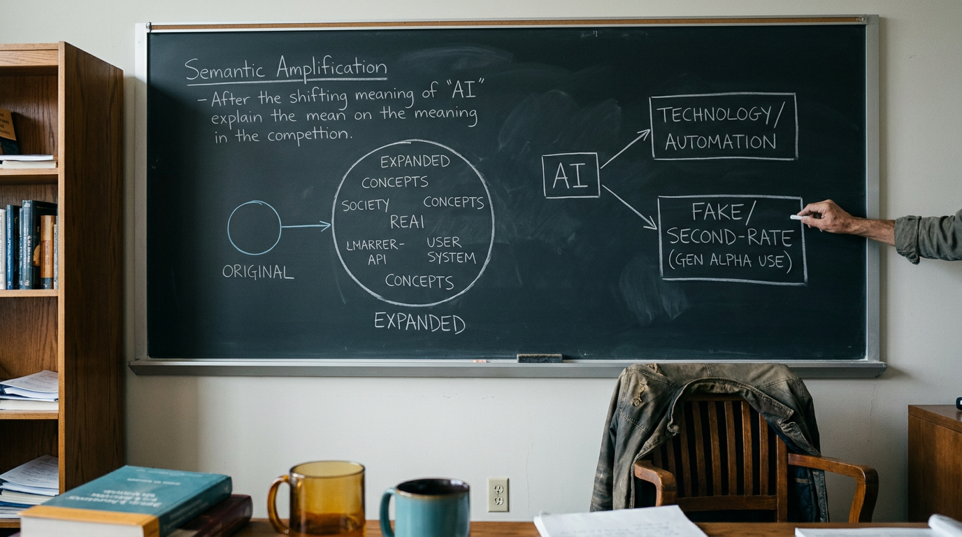 Quadro-negro com diagrama que relaciona inteligência artificial à ampliação do significado da expressão