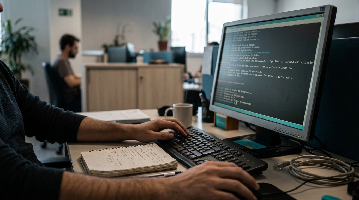 Terminal de computador corporativo em primeiro plano com linhas de comando desfocadas em tela escura, em ambiente de escritório sóbrio.