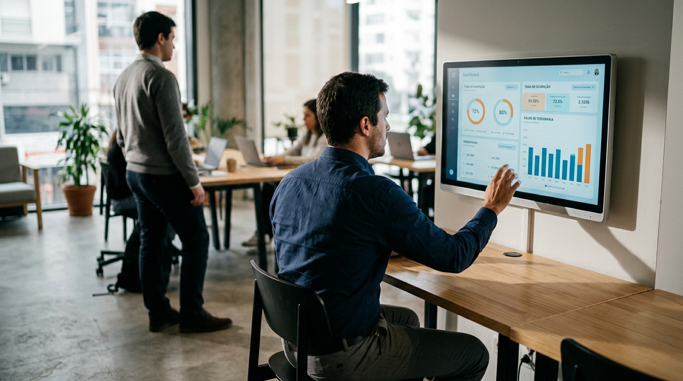Monitor em ambiente de trabalho moderno exibindo interface gráfica com gráficos abstratos e indicadores visuais de gestão