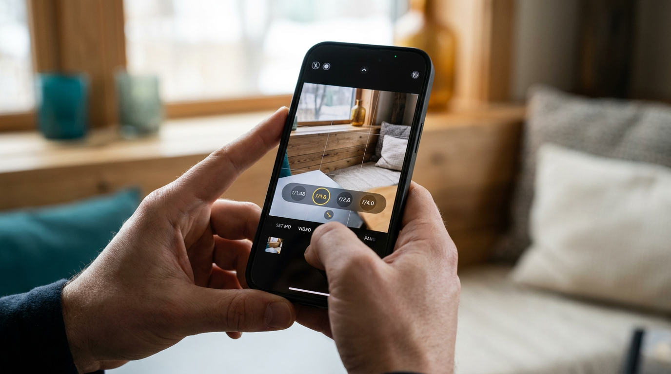 Aplicativo de câmera do iPhone 18 Pro exibindo os níveis de abertura na tela