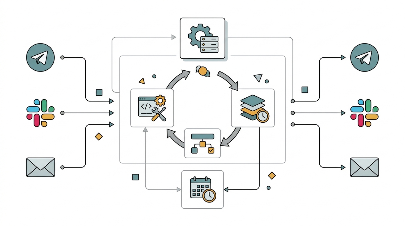 Diagrama esquemático em fundo claro mostrando um gateway central recebendo setas de três canais de entrada à esquerda, conectado a um loop de agente com camadas de memória persistente e skills, e um agendador cron à direita devolvendo resul