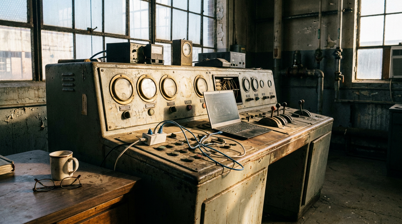 Painel de controle antigo com medidores analógicos em sala de operações de usina