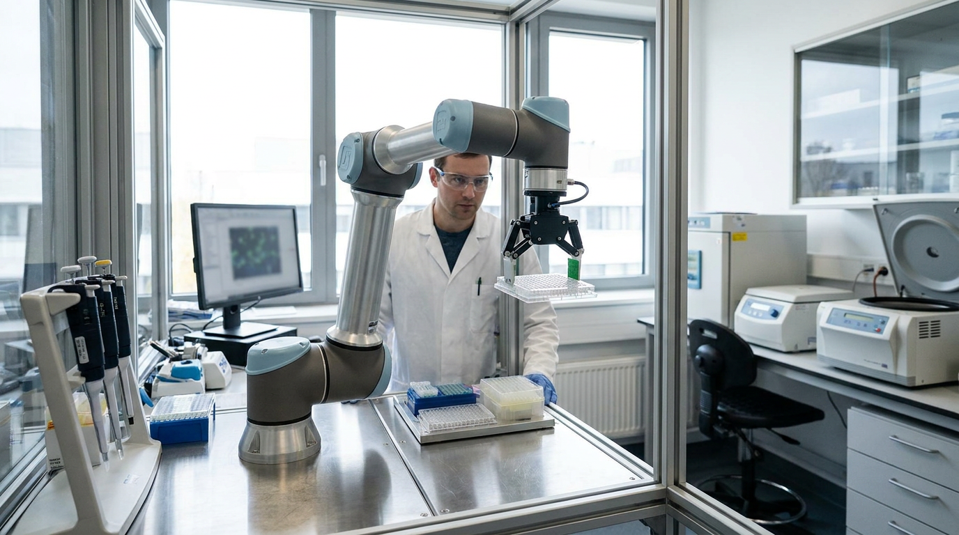 Braço robótico manipulando placas em bancada de laboratório enquanto pesquisador supervisiona o experimento