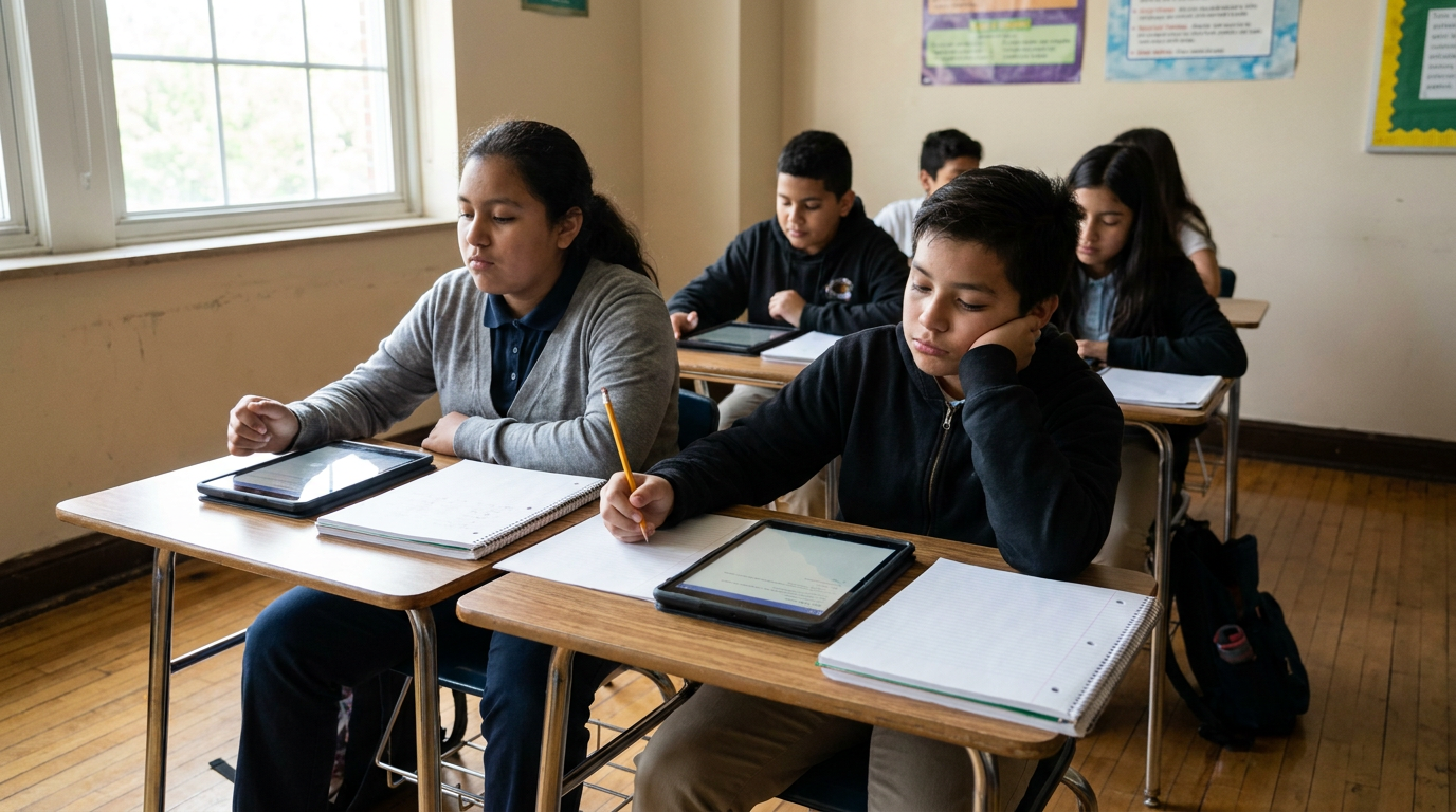 Estudantes sentados em carteiras escolares usam tablets durante uma aula, com cadernos abertos ao lado, em sala de aula com luz natural.