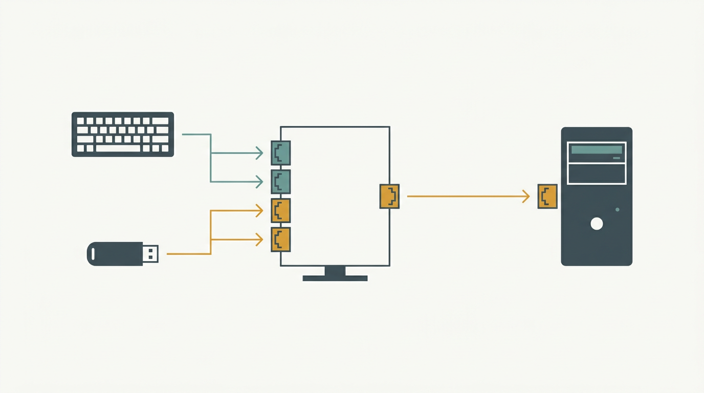 Diagrama do fluxo de dados entre portas downstream, hub do monitor e porta upstream até o PC