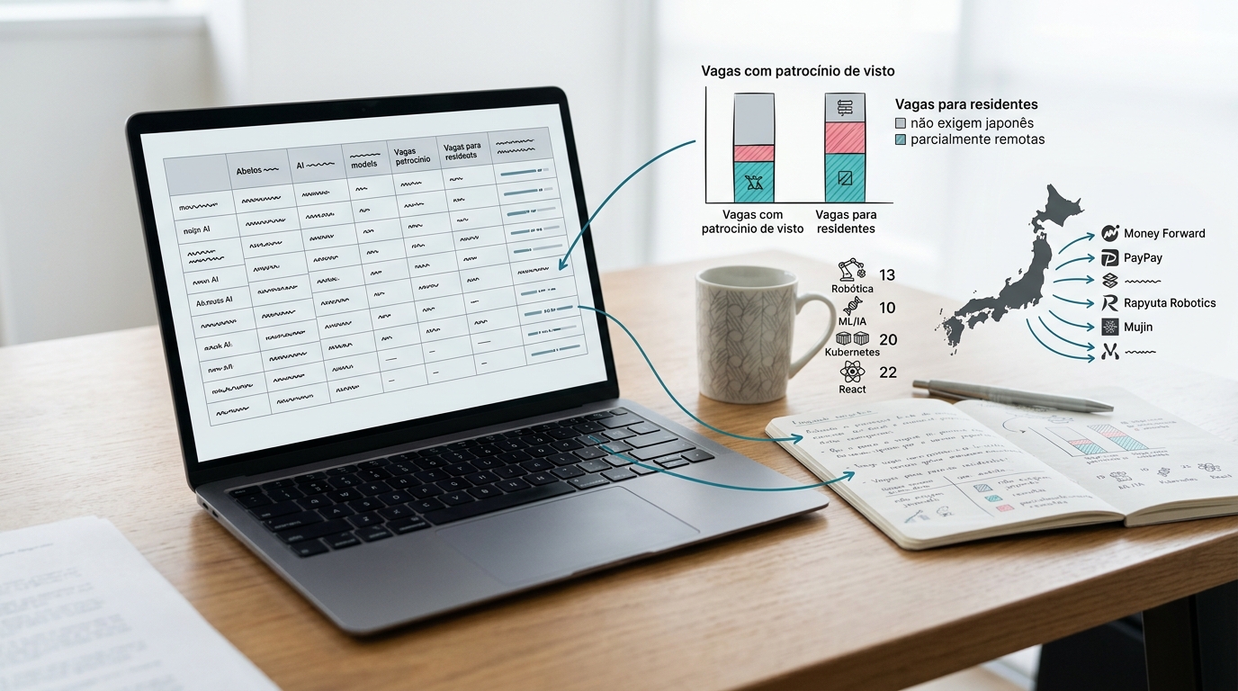 Mesa de trabalho clara com laptop aberto exibindo tabela comparativa de critérios técnicos, acompanhada de anotações manuscritas e gráficos esquemáticos ao lado, em ambiente editorial sóbrio com acentos em azul-petróleo e âmbar.