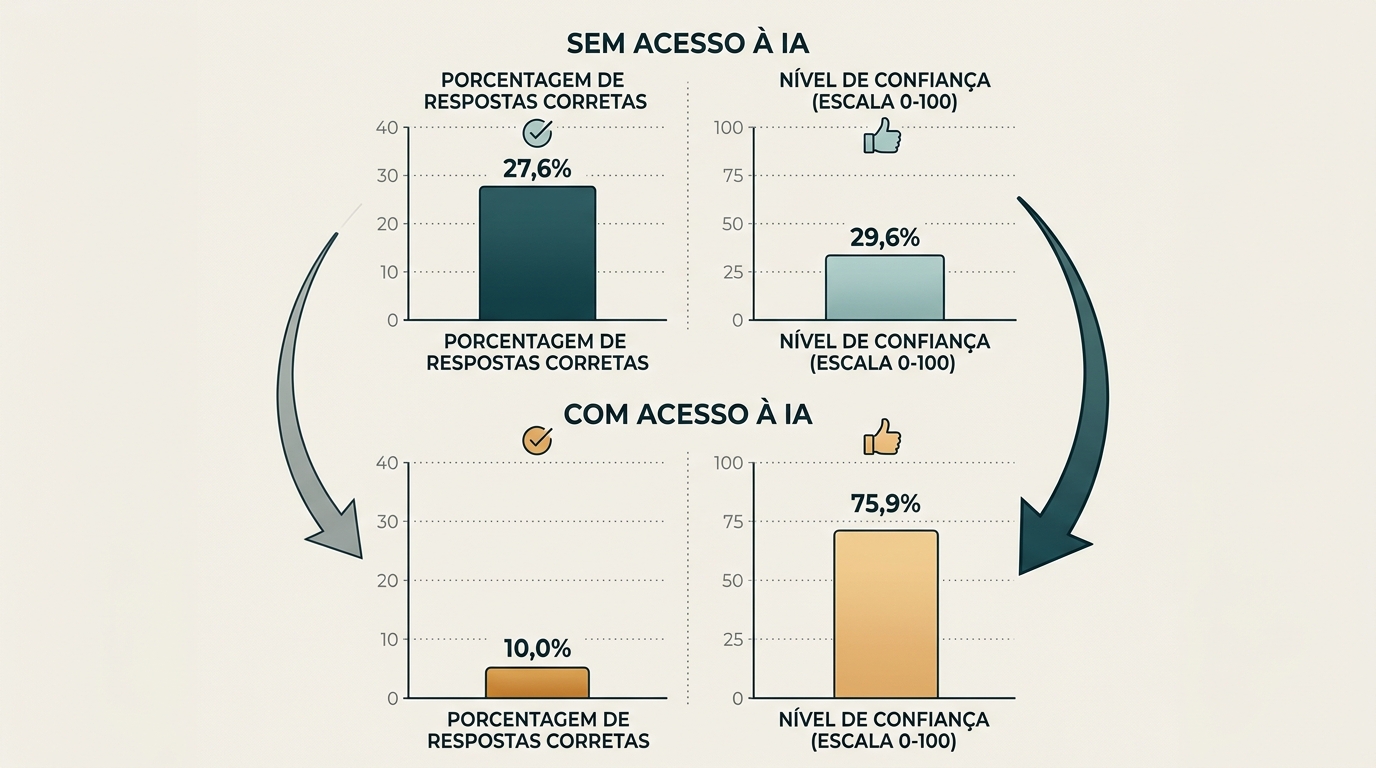 Gráfico de barras em fundo claro comparando dois grupos: um com acesso a assistente digital e outro sem, mostrando barras de confiança em azul-petróleo mais altas no primeiro grupo e barras de respostas corretas em âmbar mais baixas no mesm