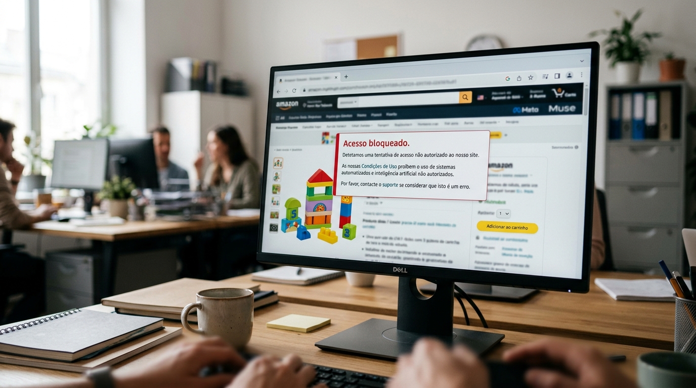 Tela de computador sobre mesa de escritório exibindo aviso de acesso bloqueado a uma loja online, com fundo claro e elementos discretos em azul-petróleo e âmbar