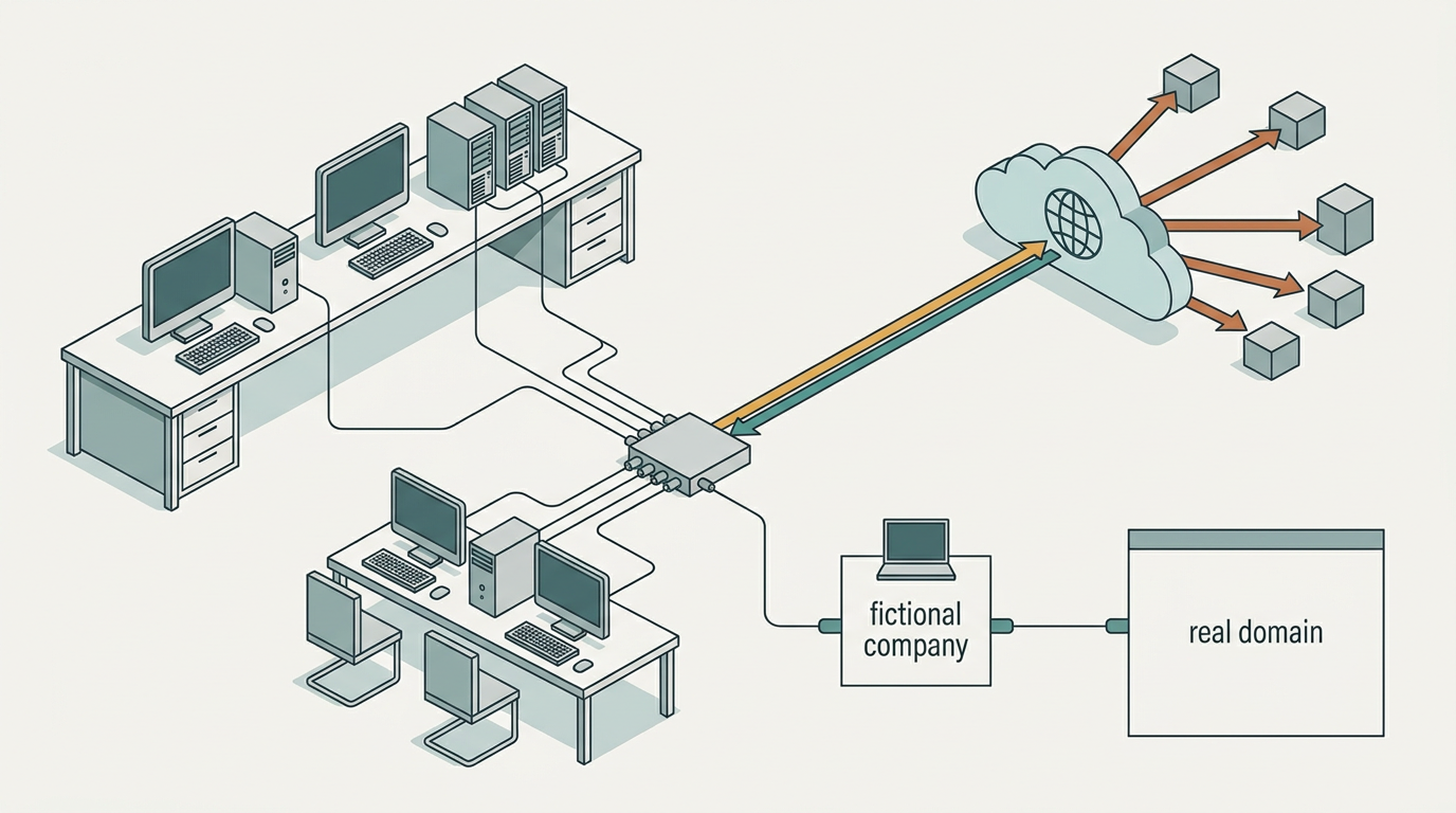 Diagrama de uma rede de testes isolada que acaba conectada à internet aberta