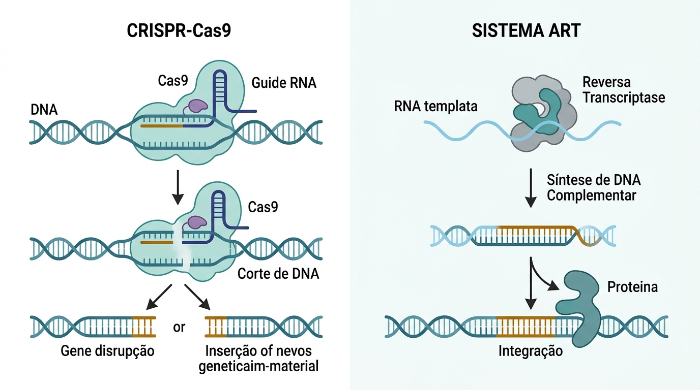 Diagrama em fundo claro dividido em duas metades: à esquerda, a enzima CRISPR em azul-petróleo corta uma fita dupla de DNA em um ponto marcado; à direita, o sistema ART aparece como um complexo enzimático em âmbar associado a uma transcript