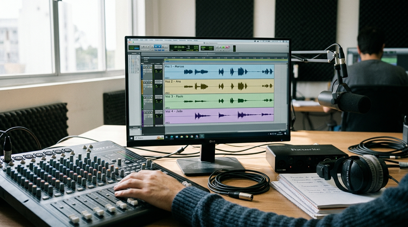 Mesa de estúdio com microfone profissional, fones de ouvido e monitor exibindo múltiplas faixas de ondas sonoras coloridas em ambiente de produção de áudio.