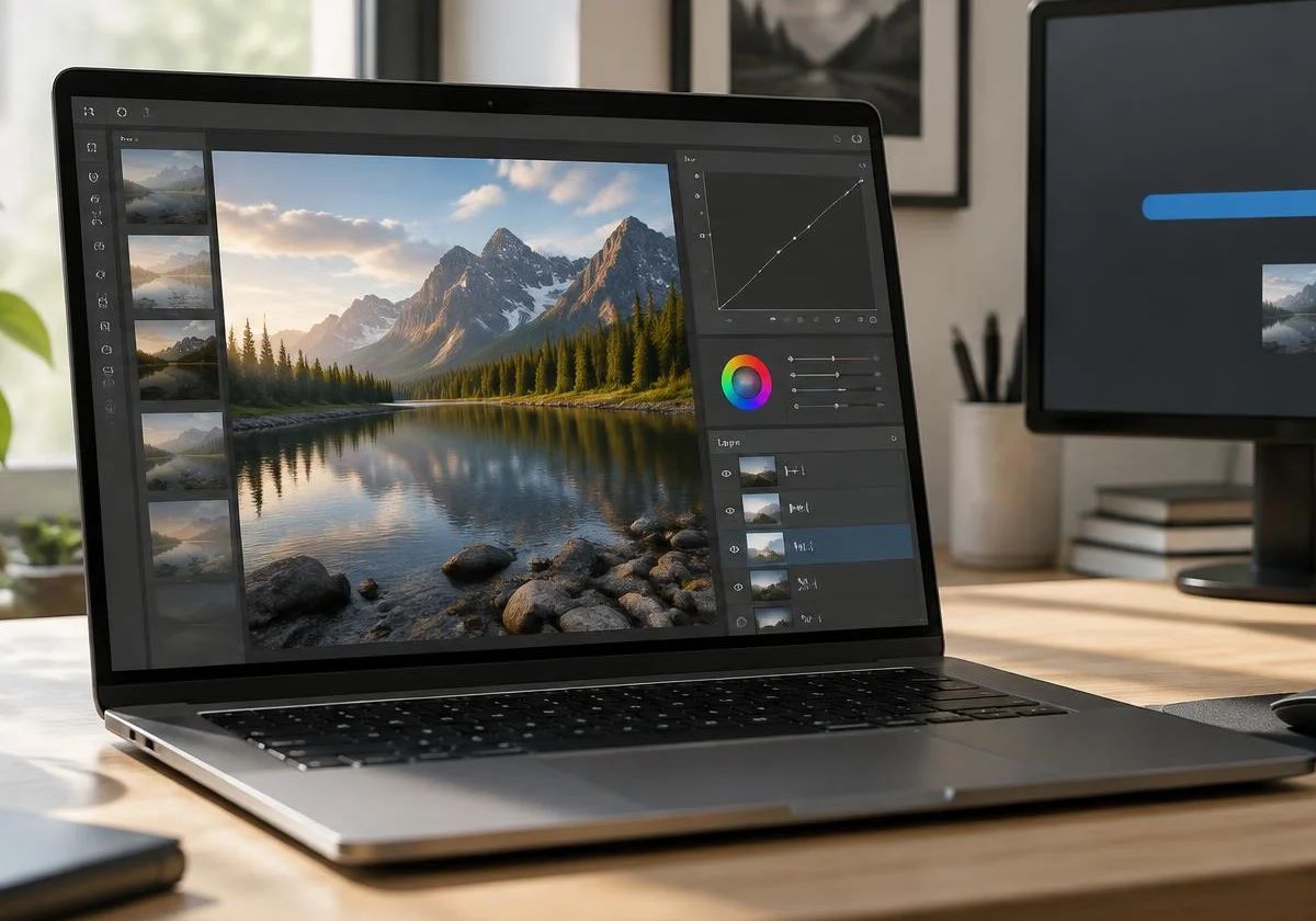 Notebook com editor de imagens aberto em uma mesa de trabalho