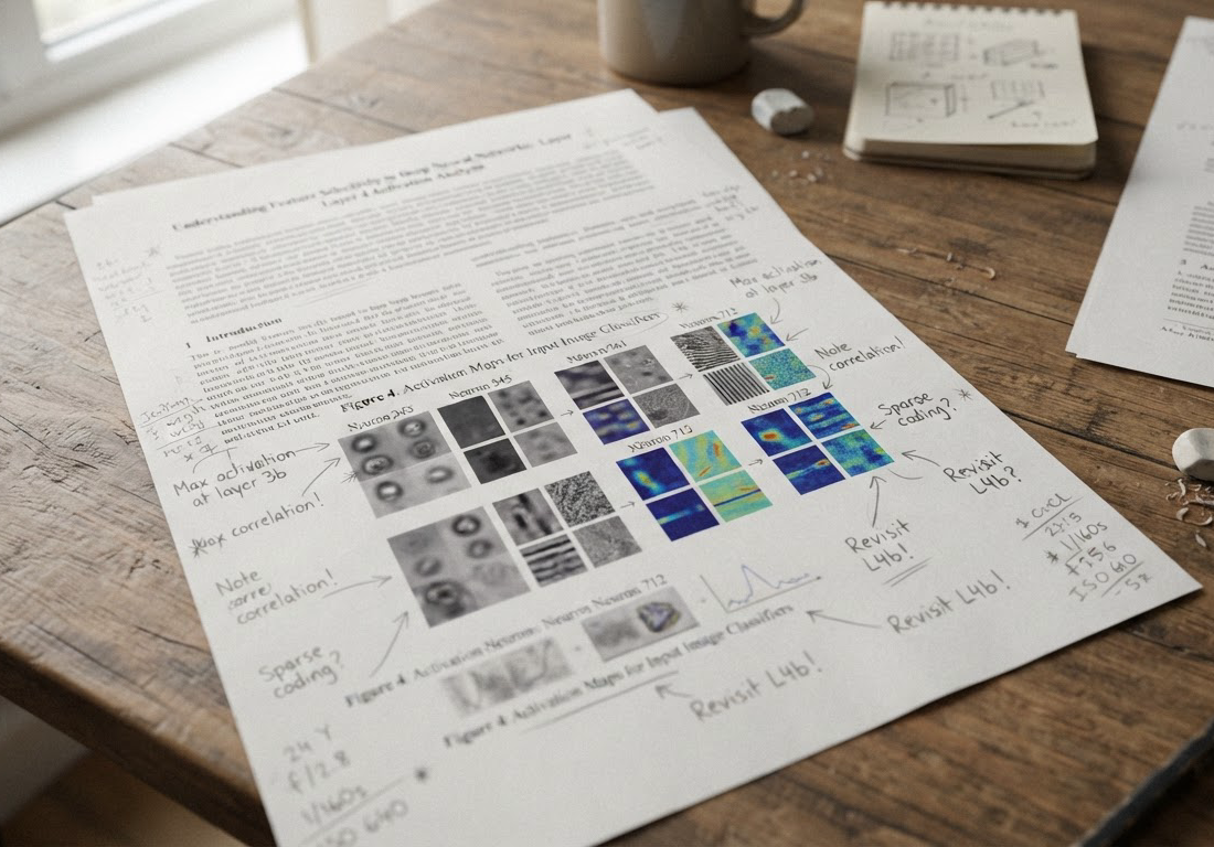 Folhas impressas de um rascunho sobre mesa, com gráficos coloridos de ativação neural e anotações a lápis nas margens, iluminadas por luz lateral suave