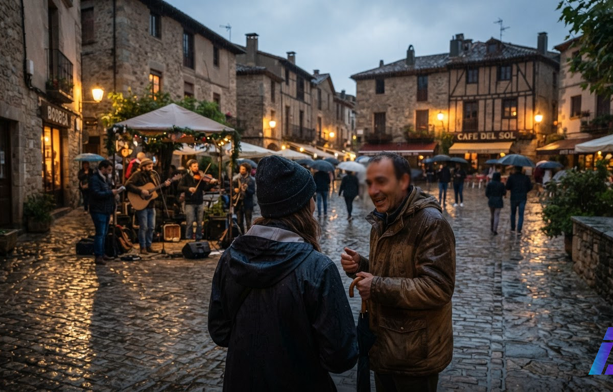 Rua de vilarejo vista em primeira pessoa, com um morador de costas parcialmente voltado ao visitante enquanto gotas de chuva começam a cair sobre o calçamento e músicos tocam instrumentos na praça ao fundo