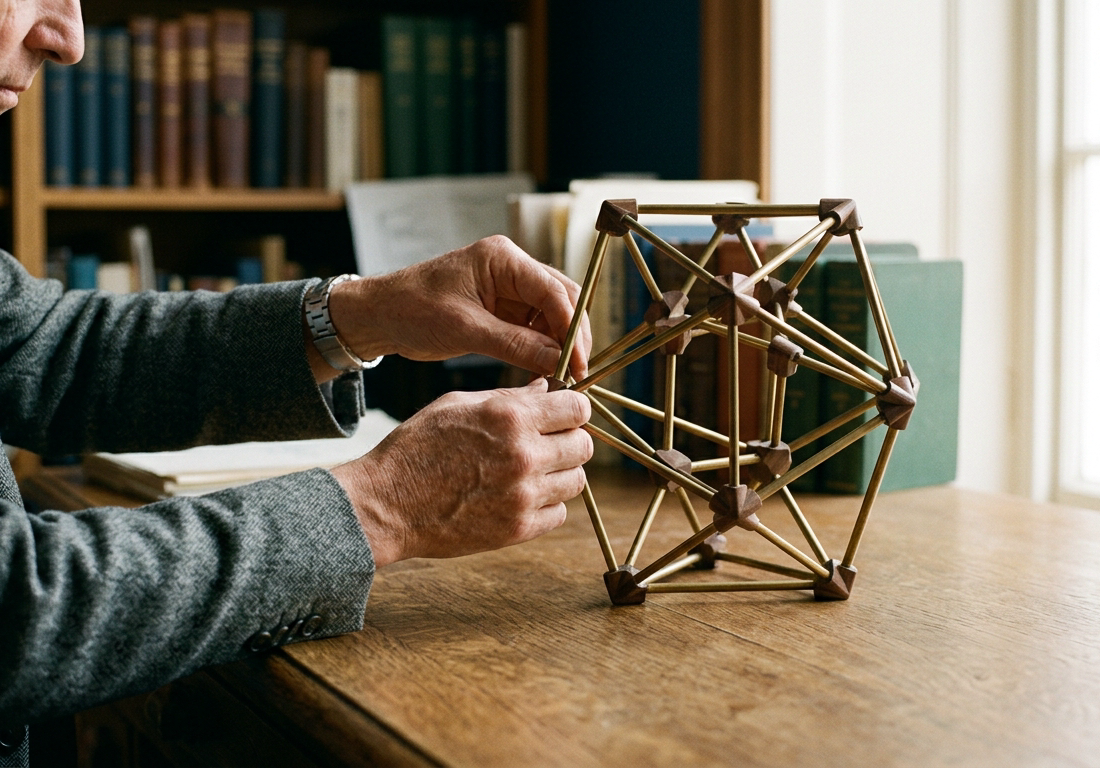 Mãos de pesquisador examinando modelo geométrico poliédrico de latão e madeira sobre mesa rústica, iluminado por luz natural de janela em ambiente acadêmico com livros desfocados ao fundo.