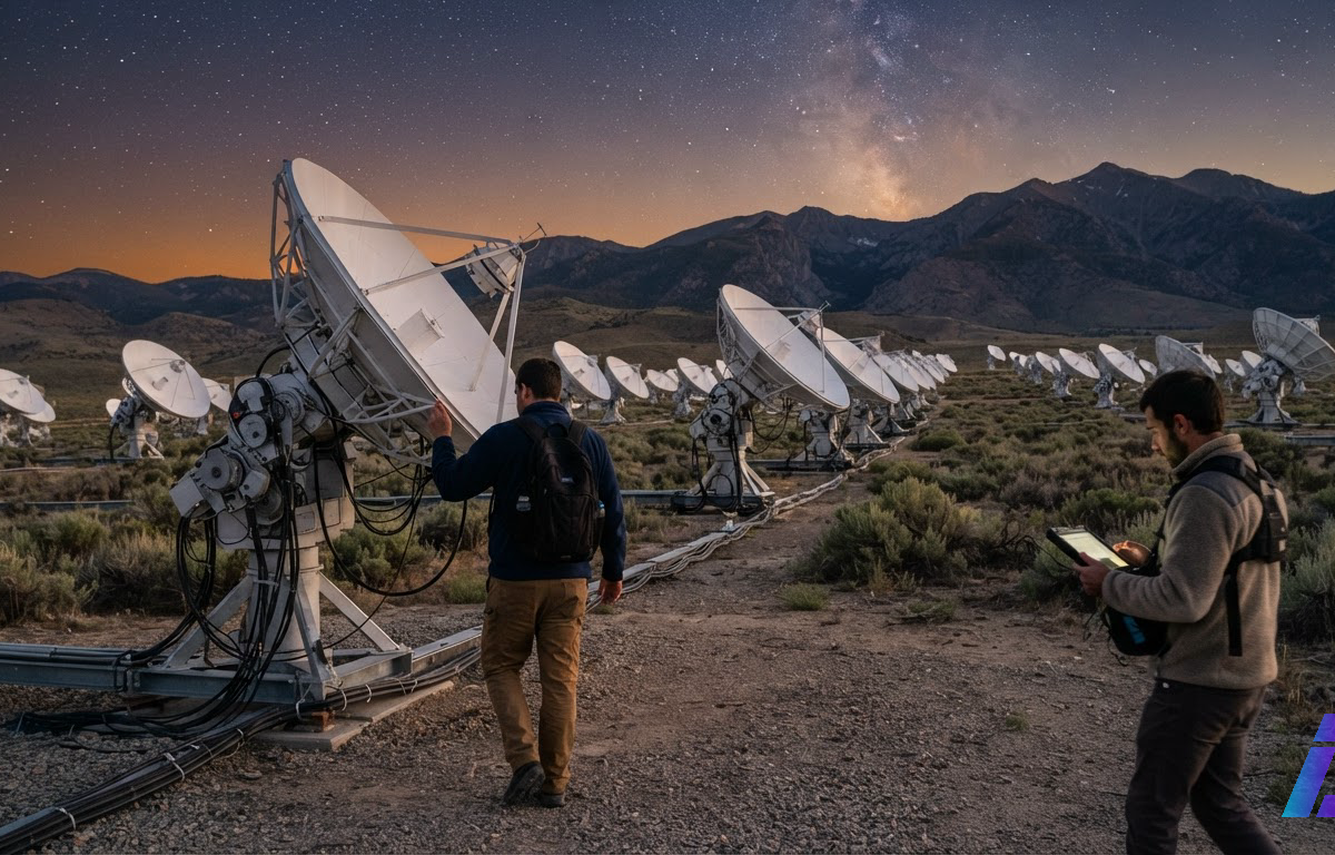 Antenas parabólicas do Allen Telescope Array alinhadas em um vale árido ao entardecer, com dois pesquisadores caminhando entre as estruturas e montanhas sob um céu estrelado ao fundo.