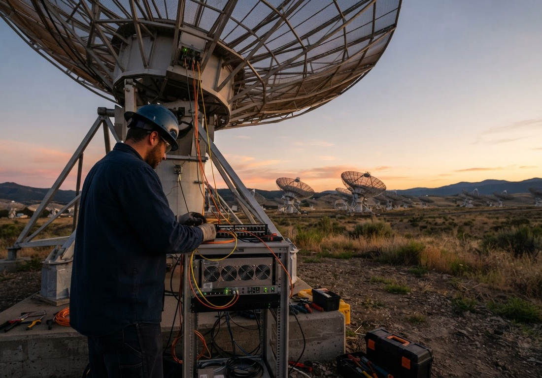 Engenheiro de radioastronomia conecta cabos de fibra óptica a um módulo de servidores e GPUs ao pé de uma antena parabólica, com outras antenas do Allen Telescope Array ao fundo sob o céu do entardecer.