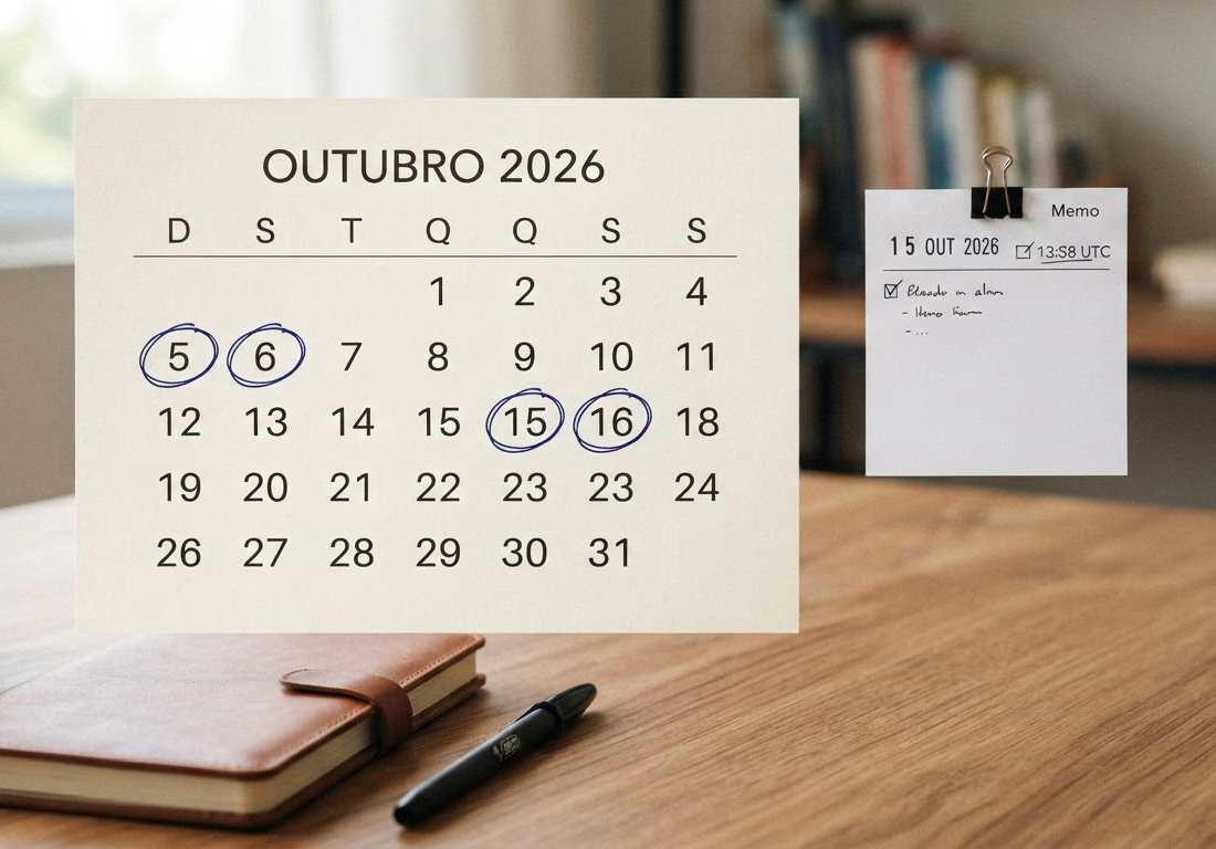 Calendário de mesa de outubro de 2026 com os dias 5, 15 e 16 circulados a caneta, ao lado de uma folha impressa com anotação de horário, sobre bancada de redação iluminada