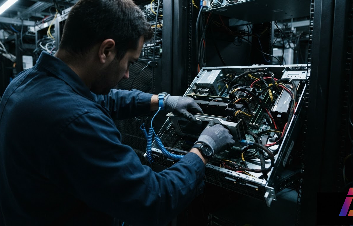 Técnico de mãos enluvadas encaixa placas de GPU em um servidor aberto sobre bancada de oficina, sob luz fria, com cabos e componentes ao redor