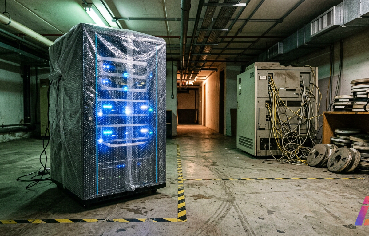 Subsolo técnico de prédio público com pé-direito baixo e tubulações aparentes. À direita, rack de servidores novíssimo com faces azul-claro acesas, ainda parcialmente envolto em plástico bolha e sem cabos conectados, delimitado por fita zeb