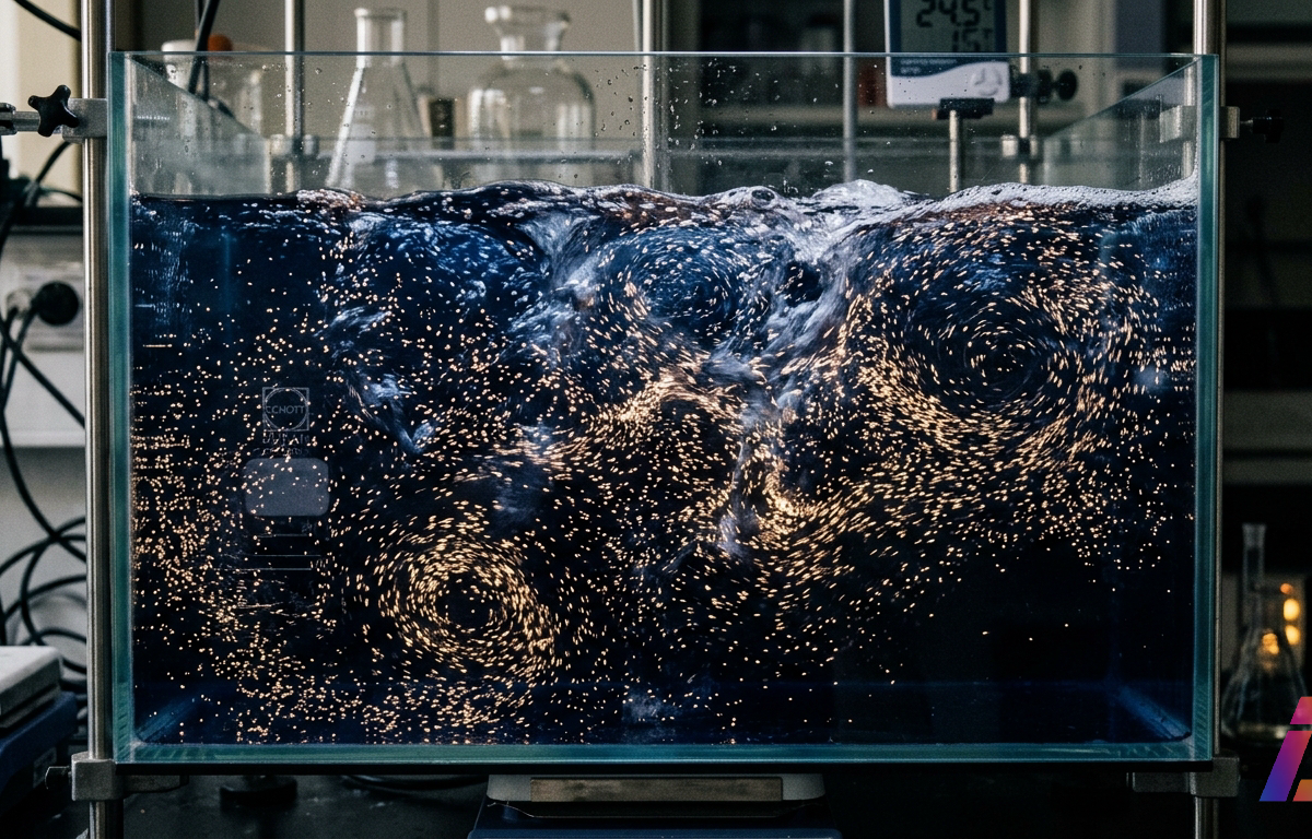 Fotografia editorial de um aquário de laboratório retangular sobre bancada escura de concreto, com um jato de tinta escura irrompendo da água e formando vórtices turbulentos que se dissolvem em névoa cinza. Um feixe de luz âmbar atravessa o