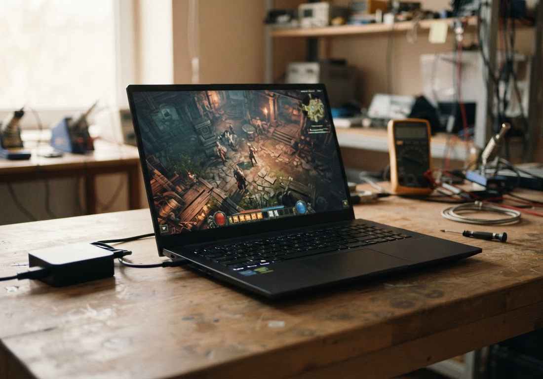 Notebook aberto sobre bancada de testes exibindo cena de jogo em 3D na tela, com o carregador desconectado ao lado e luz lateral suave