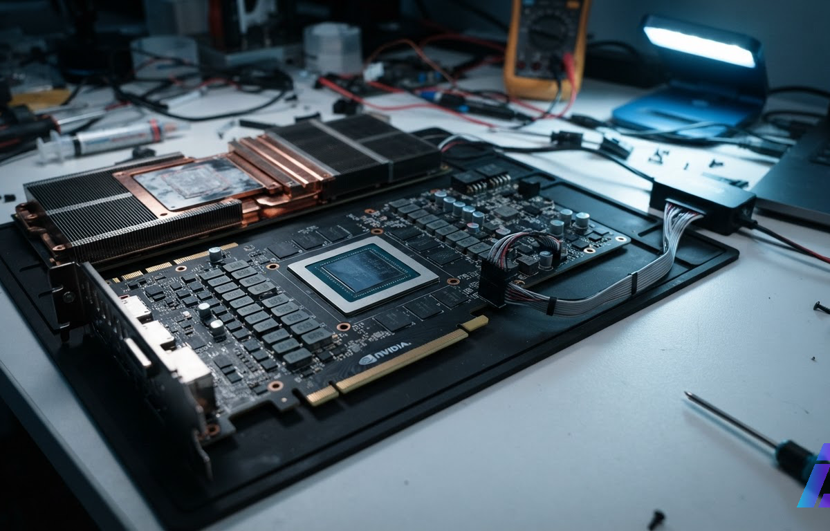 Placa de vídeo aberta sobre bancada de oficina, com o chip gráfico exposto após a remoção do dissipador e um cabo de depuração conectado à placa, sob luz lateral fria
